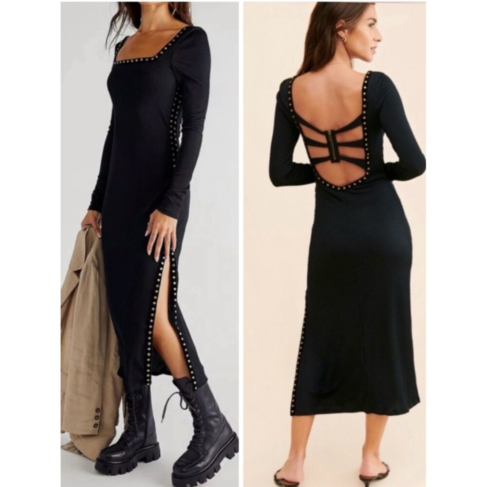 Free People Simone Midi Dress Medium Long Sleeve Stud Strappy Back Grunge NEW